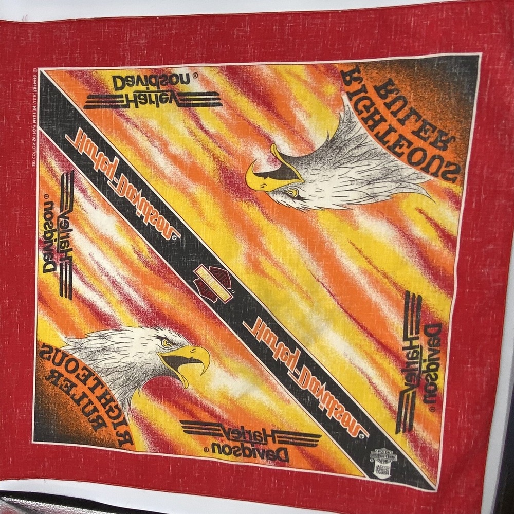 Vintage Harley Davidson Eagle Black Red Orange Bandana USA Righteous Ruler - Picture 2 of 6